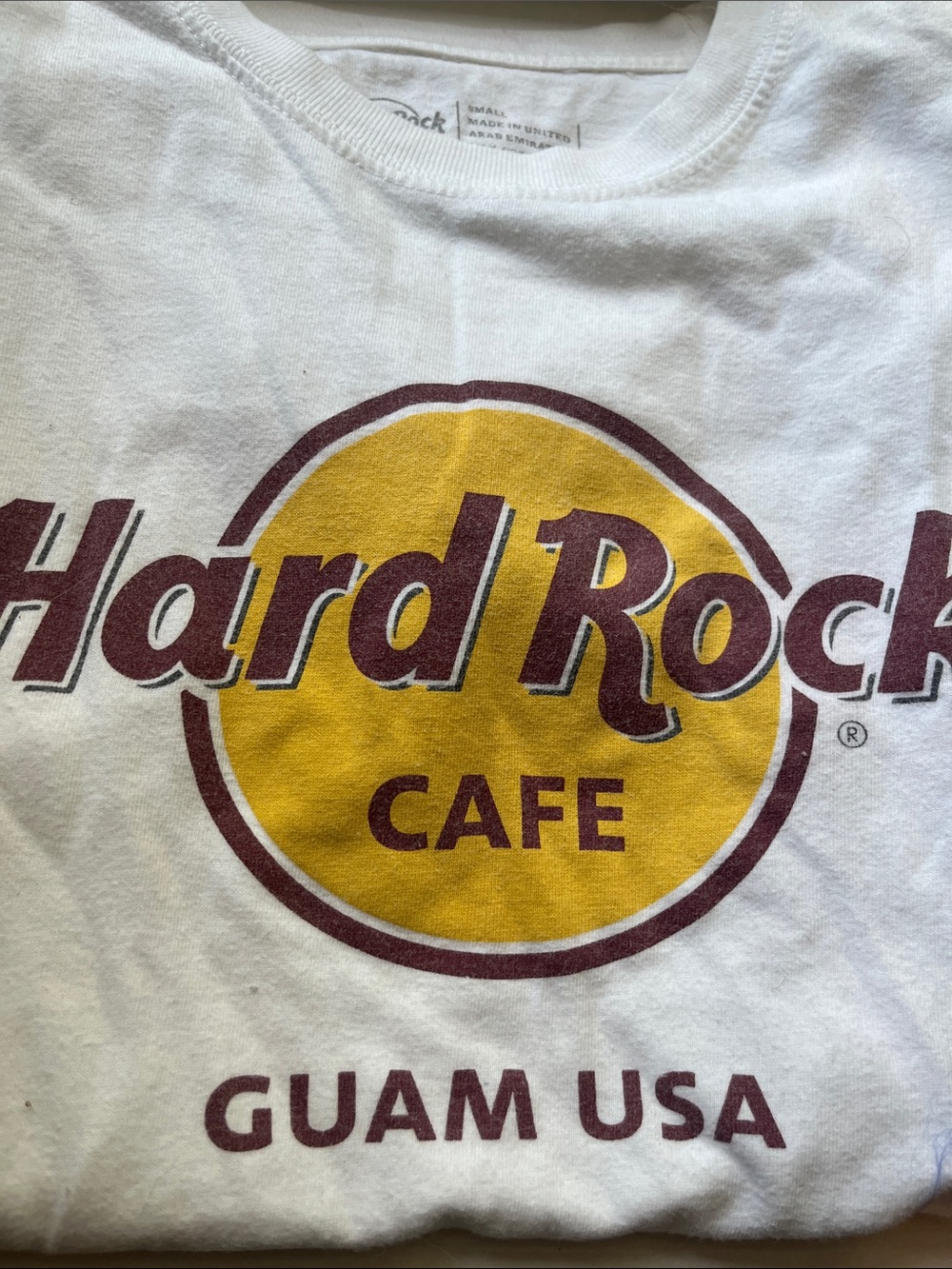 Hard Rock Cafe Guam White Tee with Yellow and Maroon Logo